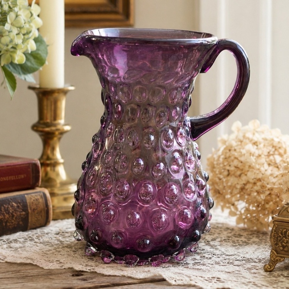 Amethyst Purple Hobnail Glass Pitcher Small Decorative Vintage Style Art Glass